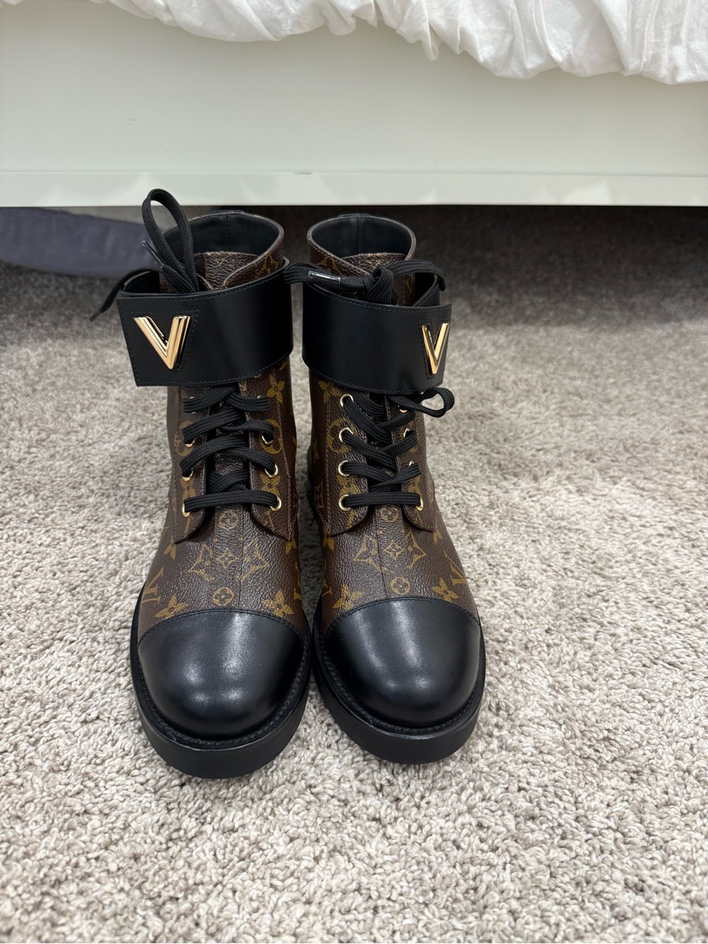 Louis Vuitton Monogram Combat Boots with Black Accents and Gold V Hardware